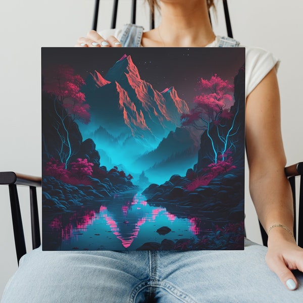 Dreamy Art, Nature Art, Mountains and Rivers, Landscape Art, Fantasy Art, Canvas Art, Neon Nature, Abstract Canvas Art, Asian Neon Art