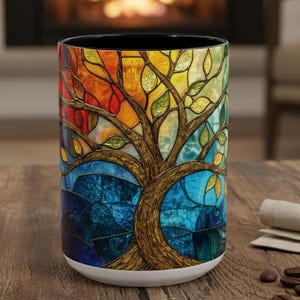 Tree of Life Art Mug, Stained Glass Style Large Ceramic Four Seasons Artistic Tree Coffee Mug 15oz 11oz, Unique Spiritual Nature Lover Gift