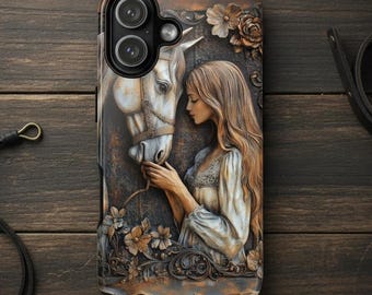 Horse and Girl Phone Case, Rustic Western Wood Carved Effect Phone Case, Country Farm Phone Case, Vintage Pony Barn Stables Country Life Art