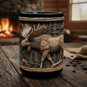 May include: A detailed coffee mug with a carved relief of a moose in a forest scene. The mug is brown with a black rim and base. The background shows a fireplace and wooden table, with coffee beans scattered around.