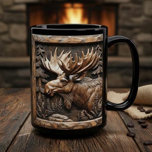 May include: Black ceramic mug with a detailed relief carving of a moose in a forest scene. The moose is brown with large antlers, set against a backdrop of pine trees. The mug has a black handle and rim, sitting on a wooden surface.