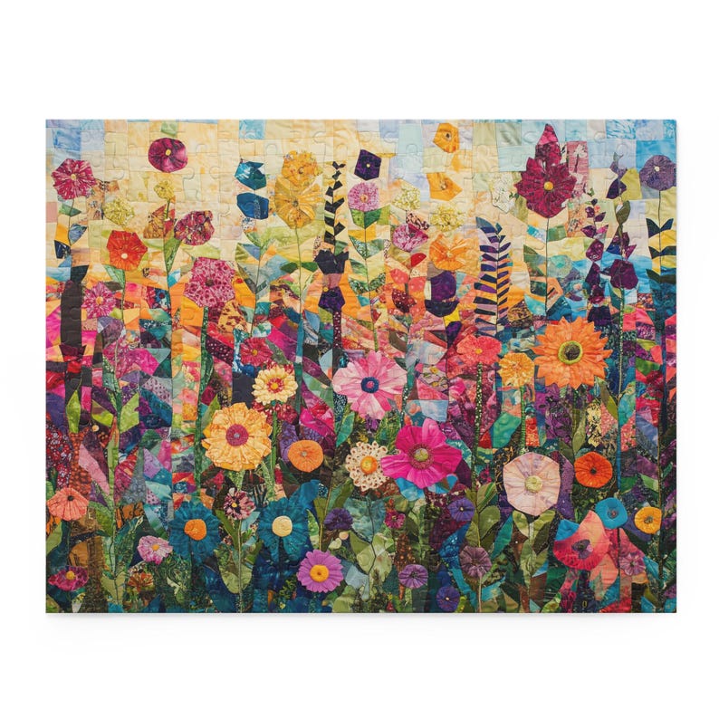 Floral Quilt Puzzle, Colorful Flower Patchwork Jigsaw, Boho Cottagecore Art Puzzle, Garden-Inspired Fabric Quilt Puzzle Gift, Abstract Art image 6