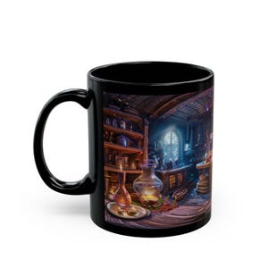 May include: Black ceramic mug with a colorful image of a magical potion shop interior. The image shows shelves filled with bottles, a window with a view of a forest, and a table with various potions and ingredients.