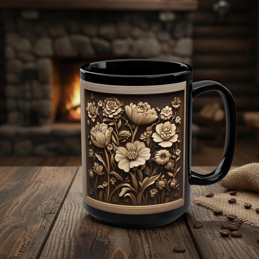 Floral Mug, Rustic Wood Effect Flowers Coffee Cup, Botanical Black Mug ...
