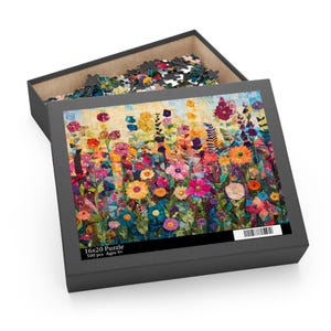 Floral Quilt Puzzle, Colorful Flower Patchwork Jigsaw, Boho Cottagecore Art Puzzle, Garden-Inspired Fabric Quilt Puzzle Gift, Abstract Art image 7