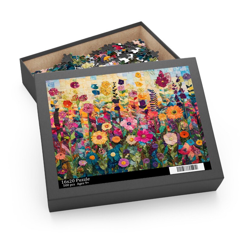 Floral Quilt Puzzle, Colorful Flower Patchwork Jigsaw, Boho Cottagecore Art Puzzle, Garden-Inspired Fabric Quilt Puzzle Gift, Abstract Art image 7