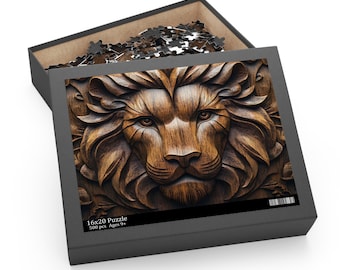 Lion Wood Panel Effect Puzzle Carved Wood Style Lion Puzzle Wooden Style Lion Jigsaw Puzzles 120/252/500 Cool Jungle Animal Puzzle Gift Idea