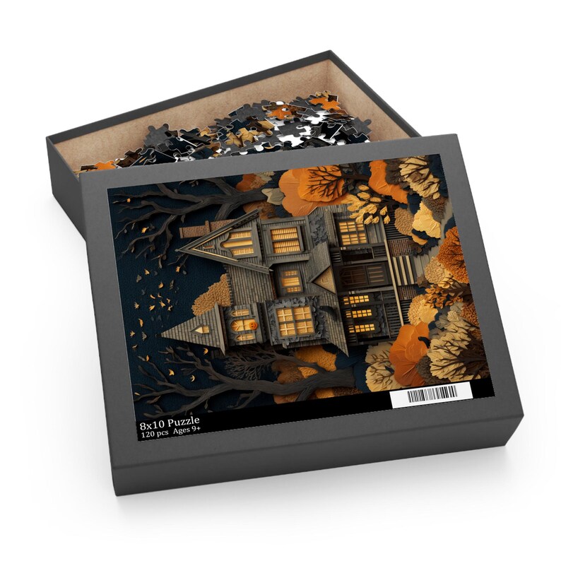Haunted House Puzzle, Spooky Halloween Jigsaw, Paper Cut Style Spooky Season Fall Puzzle Gift, Fun October Autumn Puzzle for Family zdjęcie 2