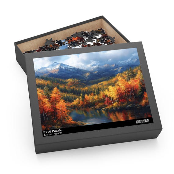 Colorful Scenic Nature Jigsaw, Colorado Mountains in Autumn Puzzle, Fall Puzzle, Beautiful Mountains Lake and Pines Painting Art Puzzle
