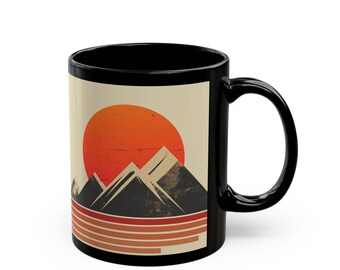 Retro Mountain Sun Coffee Mug, Retro 70s Nature Hiking Sunrise Mug, Retro Vibe Climbing Japanese Sun Cup, Cool Mountain Climber Mug, Gift