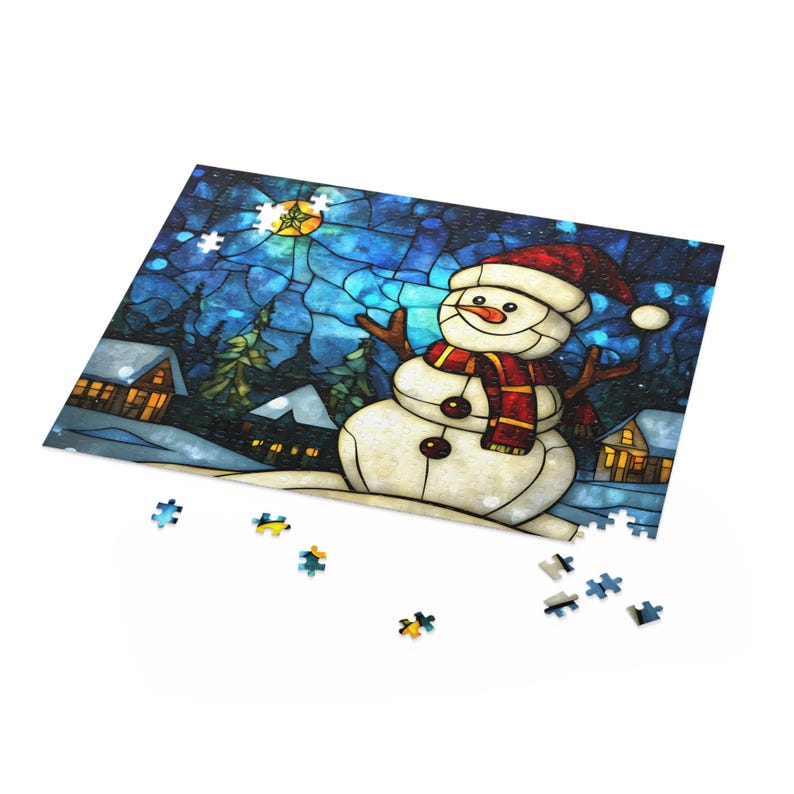 Stained Glass Christmas Puzzle, Snowman Puzzle, Christmas Village Jigsaw Puzzle 120/252/500 Pieces, Christmas Puzzle, Holiday Puzzle, Winter image 8