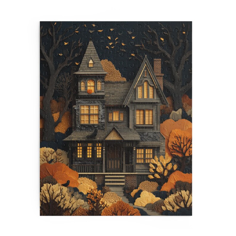 Haunted House Puzzle, Spooky Halloween Jigsaw, Paper Cut Style Spooky Season Fall Puzzle Gift, Fun October Autumn Puzzle for Family zdjęcie 7