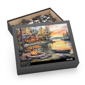 Cabin by the Lake Watercolor Puzzle, Lakehouse Puzzle, Lake Life Getaway Art Jigsaw Puzzle, Family Game Nights Puzzle for Adults Family