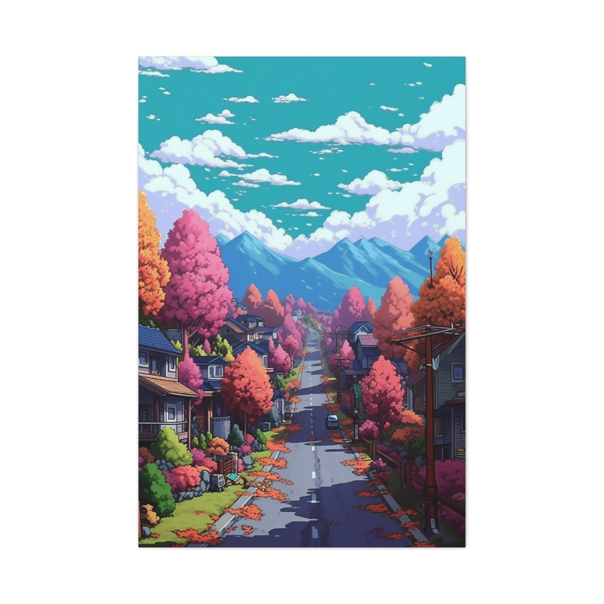 Colorful Anime Style Japanese Town in Mountains Canvas Art Print, Lo Fi ...