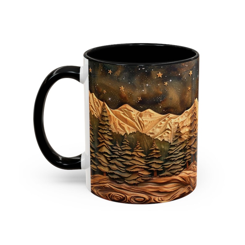 Mountain And Trees Mug Coffee Mug Wood Panel Effect Starry Night Tea Mug Carved Style Moon and Trees Wooden Style Mountain Tea Cup Pine Tree Bild 2