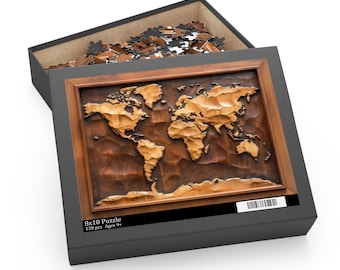 Vintage World Map Puzzle, Wood Carved Effect Globe Puzzle, Rustic Travel Decor Jigsaw, Old World Map Art, History Lover Gift, Traveler Gift