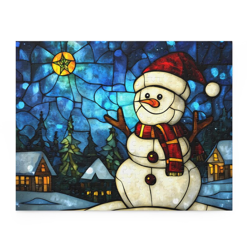 Stained Glass Christmas Puzzle, Snowman Puzzle, Christmas Village Jigsaw Puzzle 120/252/500 Pieces, Christmas Puzzle, Holiday Puzzle, Winter image 6