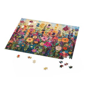 Floral Quilt Puzzle, Colorful Flower Patchwork Jigsaw, Boho Cottagecore Art Puzzle, Garden-Inspired Fabric Quilt Puzzle Gift, Abstract Art image 8