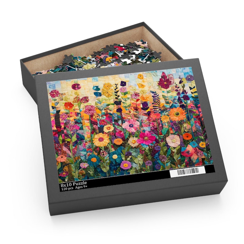 Floral Quilt Puzzle, Colorful Flower Patchwork Jigsaw, Boho Cottagecore Art Puzzle, Garden-Inspired Fabric Quilt Puzzle Gift, Abstract Art image 1