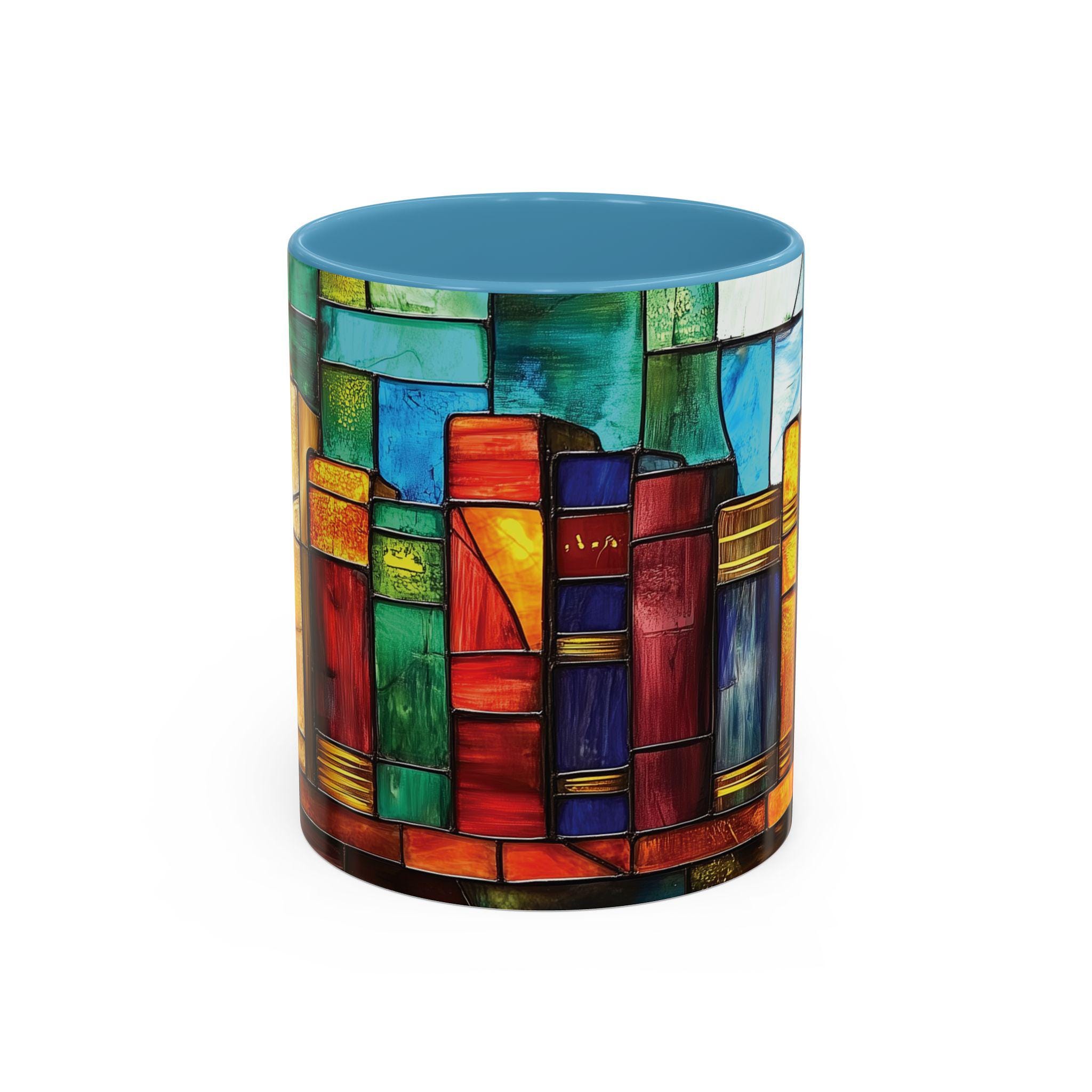 Bookworm Mug, Colorful Stained Glass Style Bookshelf Art Coffee Cup ...