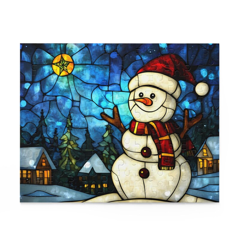 Stained Glass Christmas Puzzle, Snowman Puzzle, Christmas Village Jigsaw Puzzle 120/252/500 Pieces, Christmas Puzzle, Holiday Puzzle, Winter image 3