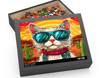 Hippie Retro Cat Puzzle, Cool Colorful Cat Puzzle Gift for Cat Lover Cat Jigsaw Puzzle 120/252/500 Piece Animal Puzzle, Cat Gift, Cat Art