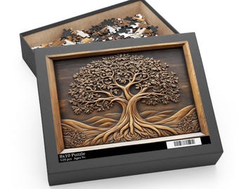 Tree of Life Puzzle, Wood Carved Style Jigsaw Puzzle, Rustic Nature Symbol Art, Spiritual Puzzle Gift, Earthy Decor Puzzle Gift for Adults
