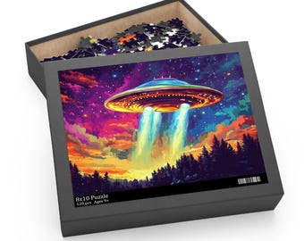 UFO Puzzle, Flying Saucer Puzzle, Space Jigsaw, Alien Puzzle, Sci Fi Gifts, Colorful UFO Art Puzzle, Cool Puzzle Gift for Alien Fans