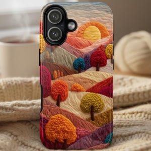 Knit Effect Sunrise Fall Trees Phone Case, Autumn Cozy Thread Art Phone Case, Crochet Lover Gift, Pretty Yarn Style Nature Hills Phone Case