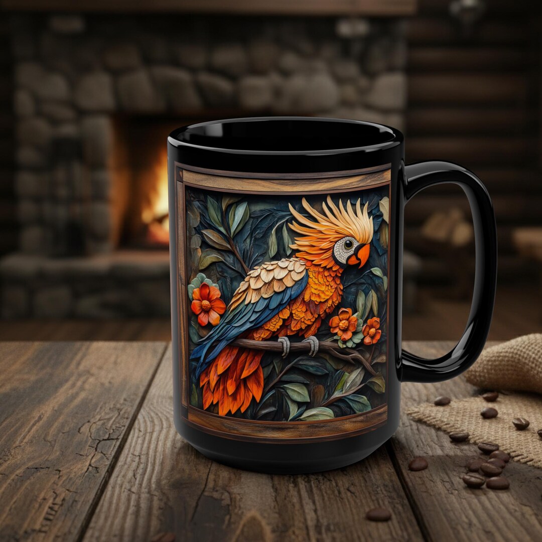 Parrot Coffee Cup, Rustic Wood Effect Macaw Mug, Animal Nature Wildlife ...