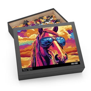 Retro Hippie Horse Puzzle, Cool Colorful Horse Puzzle Gift for Horse Lover Horse Jigsaw Puzzle 120/252/500 Piece Animal Puzzle, Horse Gift