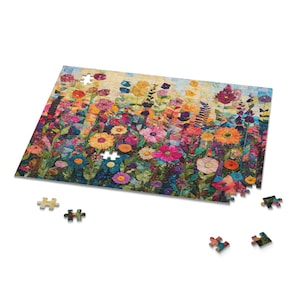 Floral Quilt Puzzle, Colorful Flower Patchwork Jigsaw, Boho Cottagecore Art Puzzle, Garden-Inspired Fabric Quilt Puzzle Gift, Abstract Art image 5