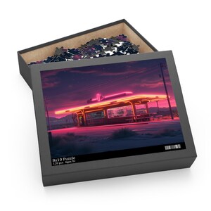 Cyber Art Diner Puzzle, Futuristic Western Vaporwave Art, Neon Desert Night Scene Jigsaw, Retro Sci-Fi Puzzle for Adults, Aesthetic Decor
