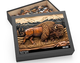 Bison Puzzle, Buffalo Puzzle, Wood Carved Print Effect Bison Jigsaw Puzzle, Wildlife Puzzle, Nature Gifts, Cabin Decor Gift, Ranch Decor