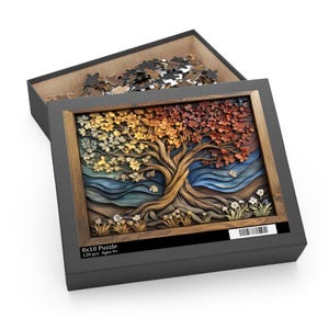 May include: A 8x10 inch puzzle with 120 pieces, featuring a colorful tree design. The tree has leaves in shades of yellow, orange, and red. The puzzle is in a black box with a wooden frame and the text "8x10 Puzzle 120 pcs Ages 9+".