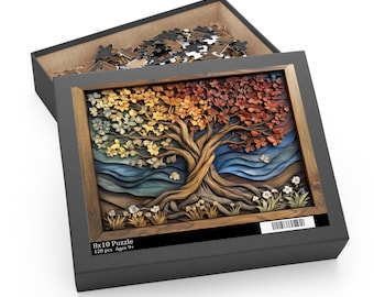 May include: A 8x10 inch puzzle with 120 pieces, featuring a colorful tree design. The tree has leaves in shades of yellow, orange, and red. The puzzle is in a black box with a wooden frame and the text "8x10 Puzzle 120 pcs Ages 9+".