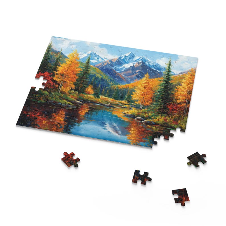 Colorado Mountains in Autumn Puzzle, Colorful Scenic Nature Jigsaw, Fall Puzzle, Beautiful Mountains Lake and Pines Painting Art Puzzle image 2