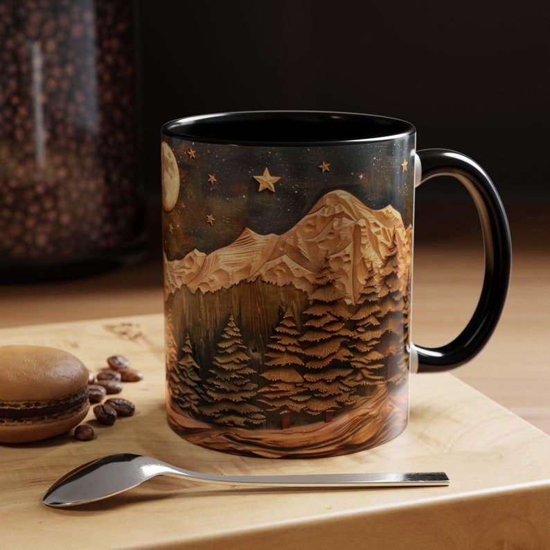 Mountain And Trees Mug Coffee Mug Wood Panel Effect Starry Night Tea Mug Carved Style Moon and Trees Wooden Style Mountain Tea Cup Pine Tree Bild 1