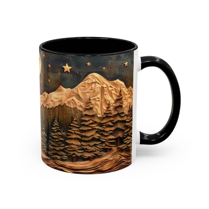 Mountain And Trees Mug Coffee Mug Wood Panel Effect Starry Night Tea Mug Carved Style Moon and Trees Wooden Style Mountain Tea Cup Pine Tree Bild 4