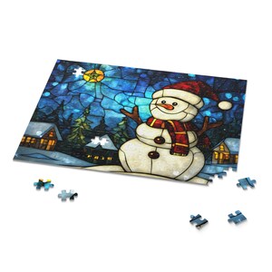 Stained Glass Christmas Puzzle, Snowman Puzzle, Christmas Village Jigsaw Puzzle 120/252/500 Pieces, Christmas Puzzle, Holiday Puzzle, Winter image 5