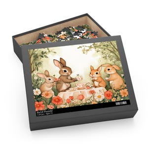 Spring Bunny Tea Party Puzzle, Watercolor Forest Rabbits & Flowers, Whimsical Easter Puzzle for Adults, Cute Springtime Jigsaw Gift
