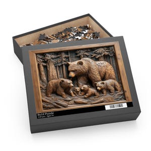 Bear Family Puzzle, Wood Carved Style Jigsaw Puzzle, Rustic Wildlife Puzzle for Adults, Nature Bear Art Puzzle, Cabin Decor Gift Idea