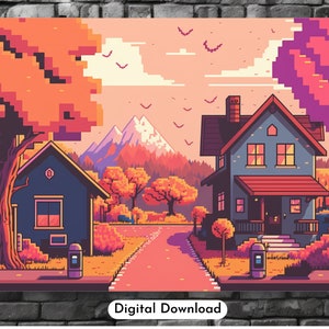 Japanese Video Game Pixel Art Town Digital File Download, Print at Home 8 bit Gamer lo fi Village Wall Art File, Kawaii Art, 16 bit style
