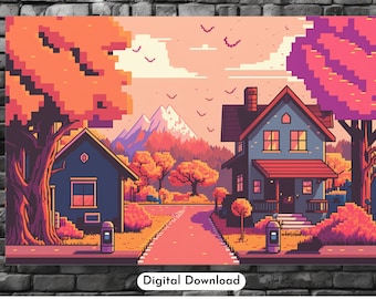 Japanese Video Game Pixel Art Town Digital File Download, Print at Home 8 bit Gamer lo fi Village Wall Art File, Kawaii Art, 16 bit style
