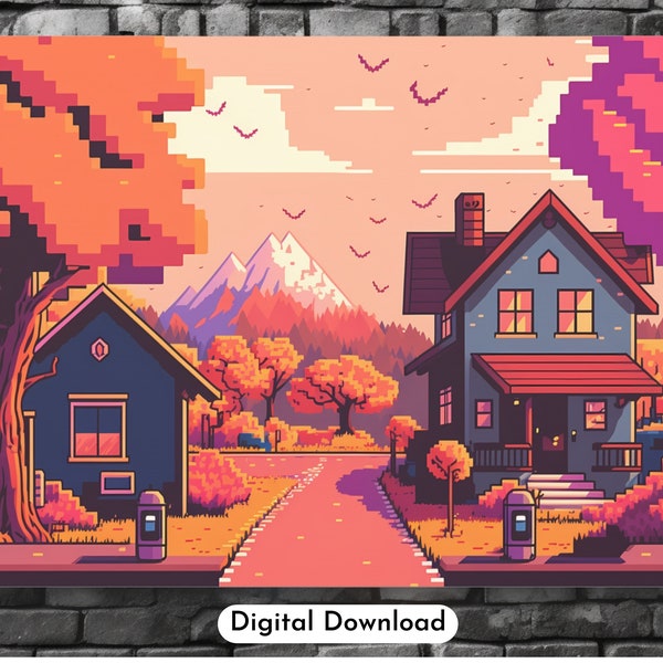 Japanese Video Game Pixel Art Town Digital File Download, Print at Home 8 bit Gamer lo fi Village Wall Art File, Kawaii Art, 16 bit style