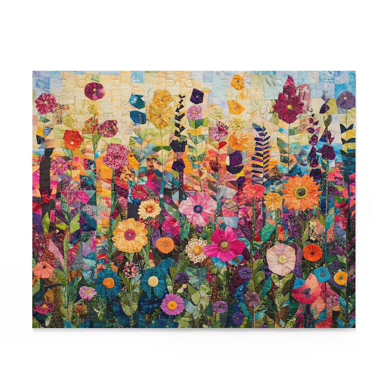 Floral Quilt Puzzle, Colorful Flower Patchwork Jigsaw, Boho Cottagecore Art Puzzle, Garden-Inspired Fabric Quilt Puzzle Gift, Abstract Art image 3