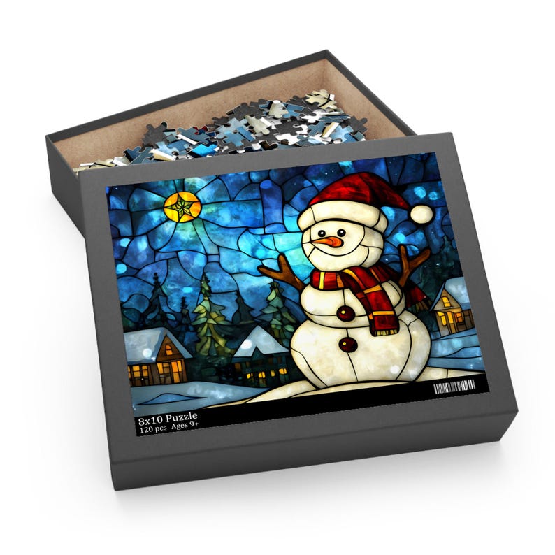 Stained Glass Christmas Puzzle, Snowman Puzzle, Christmas Village Jigsaw Puzzle 120/252/500 Pieces, Christmas Puzzle, Holiday Puzzle, Winter image 1