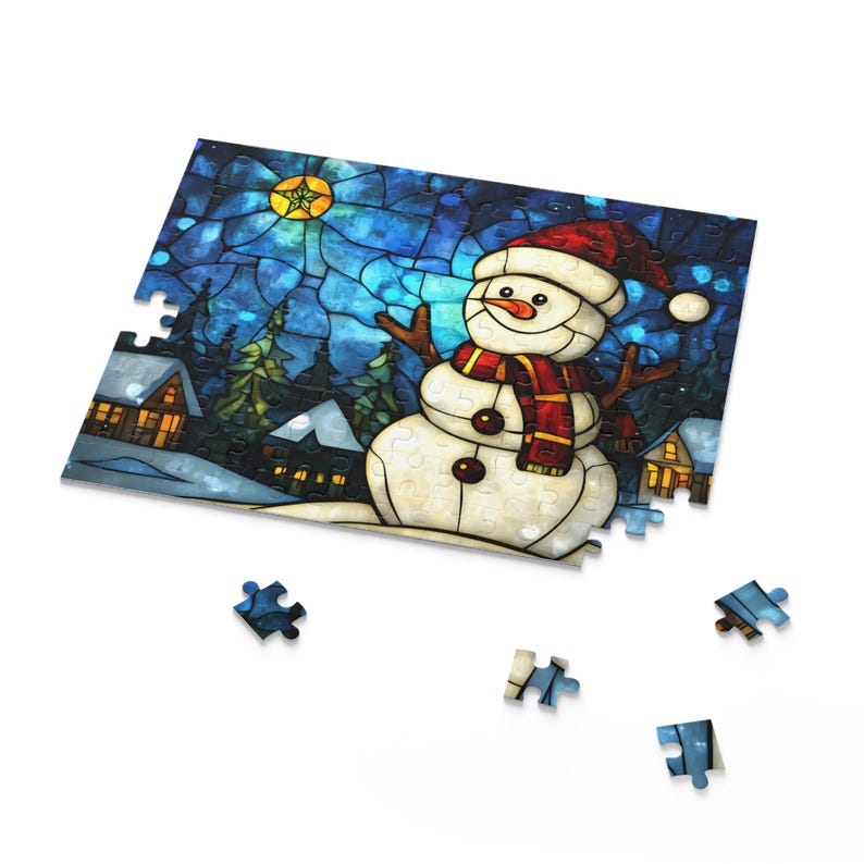 Stained Glass Christmas Puzzle, Snowman Puzzle, Christmas Village Jigsaw Puzzle 120/252/500 Pieces, Christmas Puzzle, Holiday Puzzle, Winter image 2