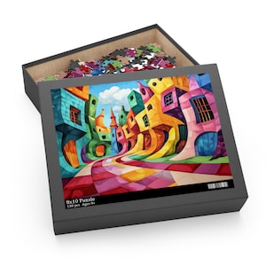 Vibrant Geometric Town Art Puzzle, Colorful Abstract Jigsaw with Bold Shapes and Modern Design, Home Decor Art Puzzle for Kids and Adults