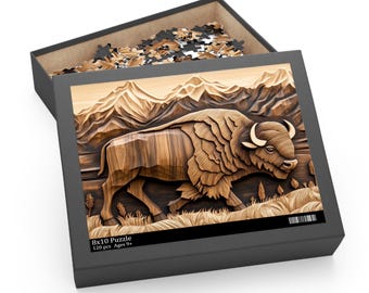 Bison Puzzle, Buffalo Jigsaw, Wood Carved Print Effect Bison Jigsaw Puzzle, Wildlife Puzzle, Nature Gifts, Cabin Decor Gift, Ranch Decor